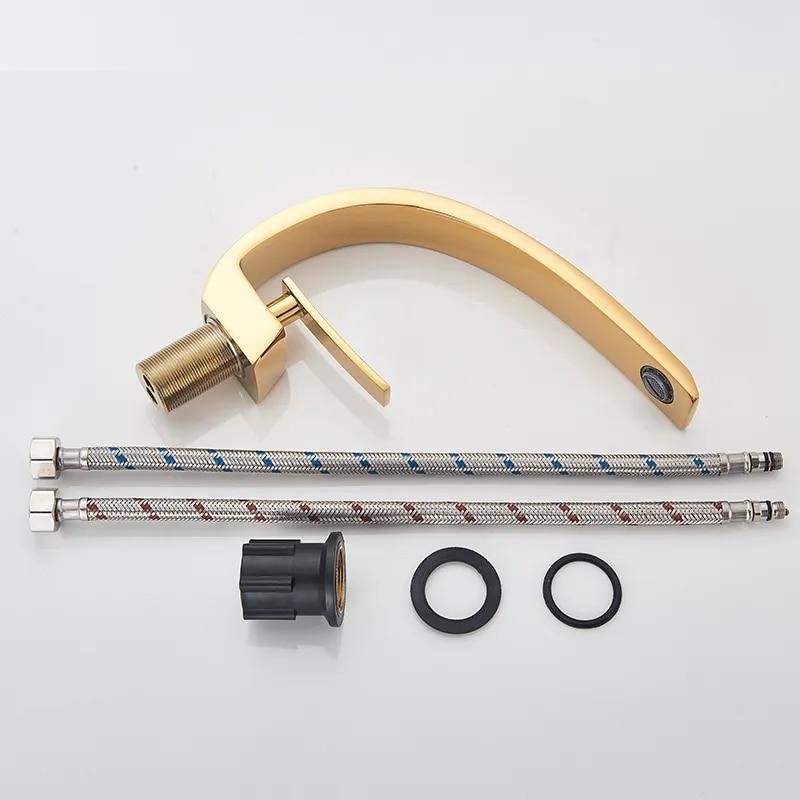 Golden Polished Bathroom Vanity Faucet Single Handle Hot and Cold Water Mixier Sink Faucet Deck Mount Crane