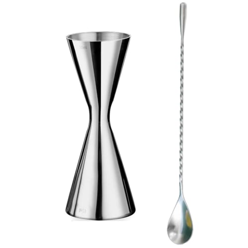 WOMLEX Measuring Cup, 30/45ml Graduated, and 26cm Bar Spoon, Double-Headed, Integrated Stainless Steel Measuring Cup, Silver (26cm Jigger and Bar Spoo