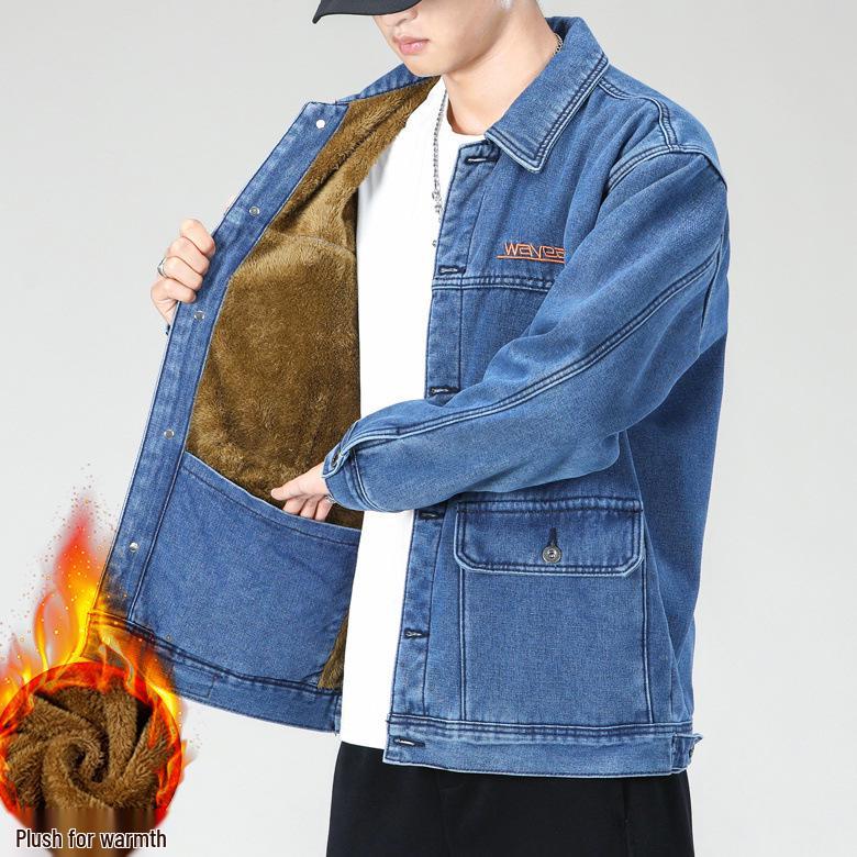 Men's Functional Embroidered Denim Jacket - Autumn/Winter Loose Fit, Japanese Trend, Plus Size Outerwear