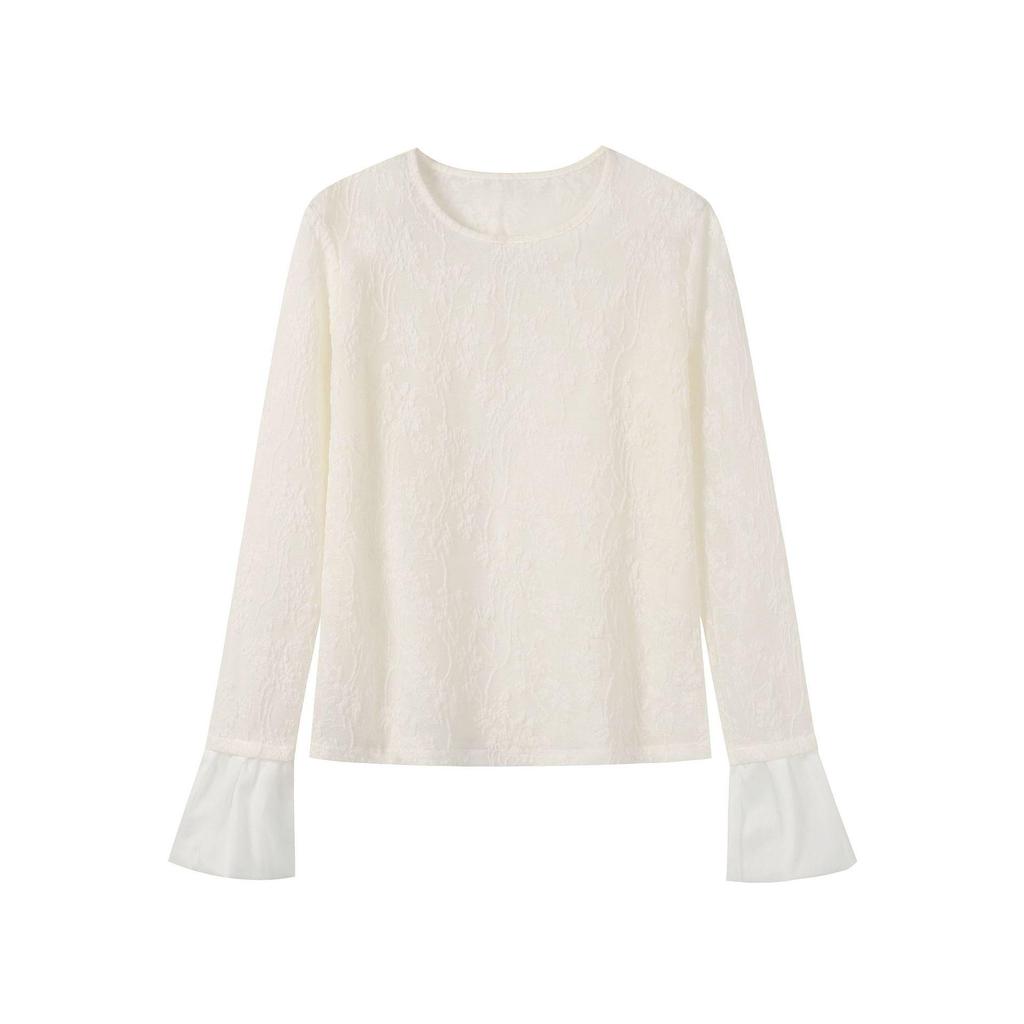 Damen Rundhals Spitzen-Patchwork Glockenärmel Transparentes T-Shirt - Einfarbig, Leicht und Perfekt für Herbstausflüge