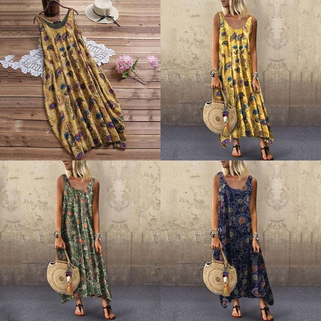 Elegant Womens Summer Sleeveless Holiday Long Boho Kaftan Tank Dress For Beach