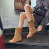 Coarse Heel Pointed Trouser Boots Short Boots Women's 2025 Autumn and Winter New Sleeve Women's Boots Retro Embroidered Western Cowboy Boots Women
