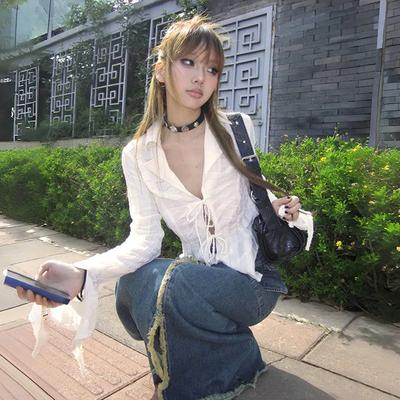 2KWEIRD Y2k Aesthetics Pleated Shirt Fairycore Lace Up Blouse Trashy 2000s Style V-neck Shirt Irregular Japanese Harajuku 90s