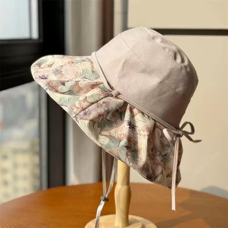 Summer Travel Big Brimmed Fisherman Hat, Women's Printed Bow Sun Hat Face Covering Beach Hat Sun Hat UV Protection