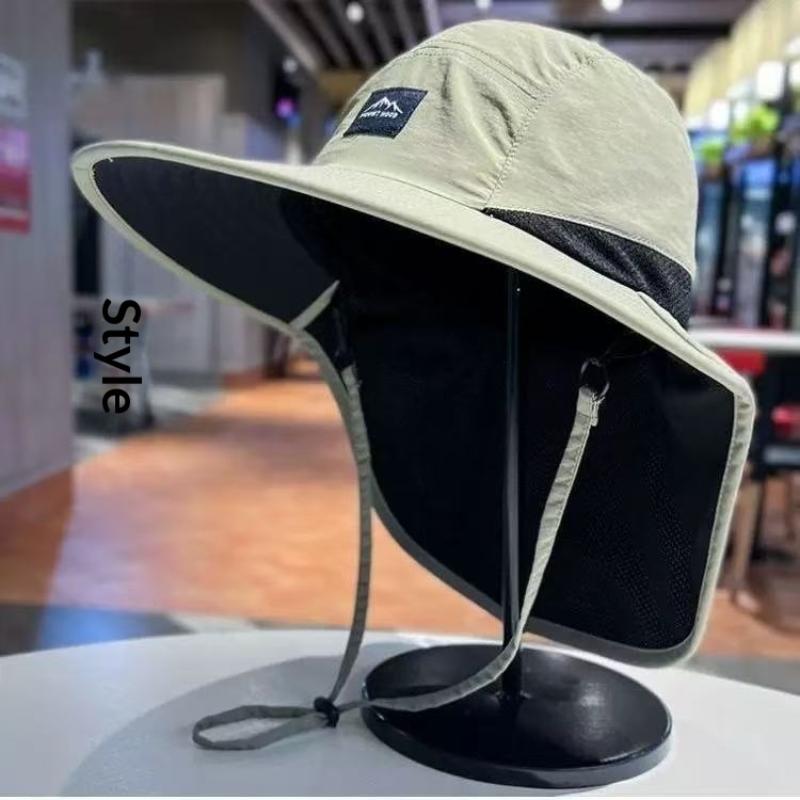 Solid Color Foldable Wide Brim Fisherman Sun Hat Quick Dry Drawstring Outdoor Hiking Cap with Neck Protection Cover