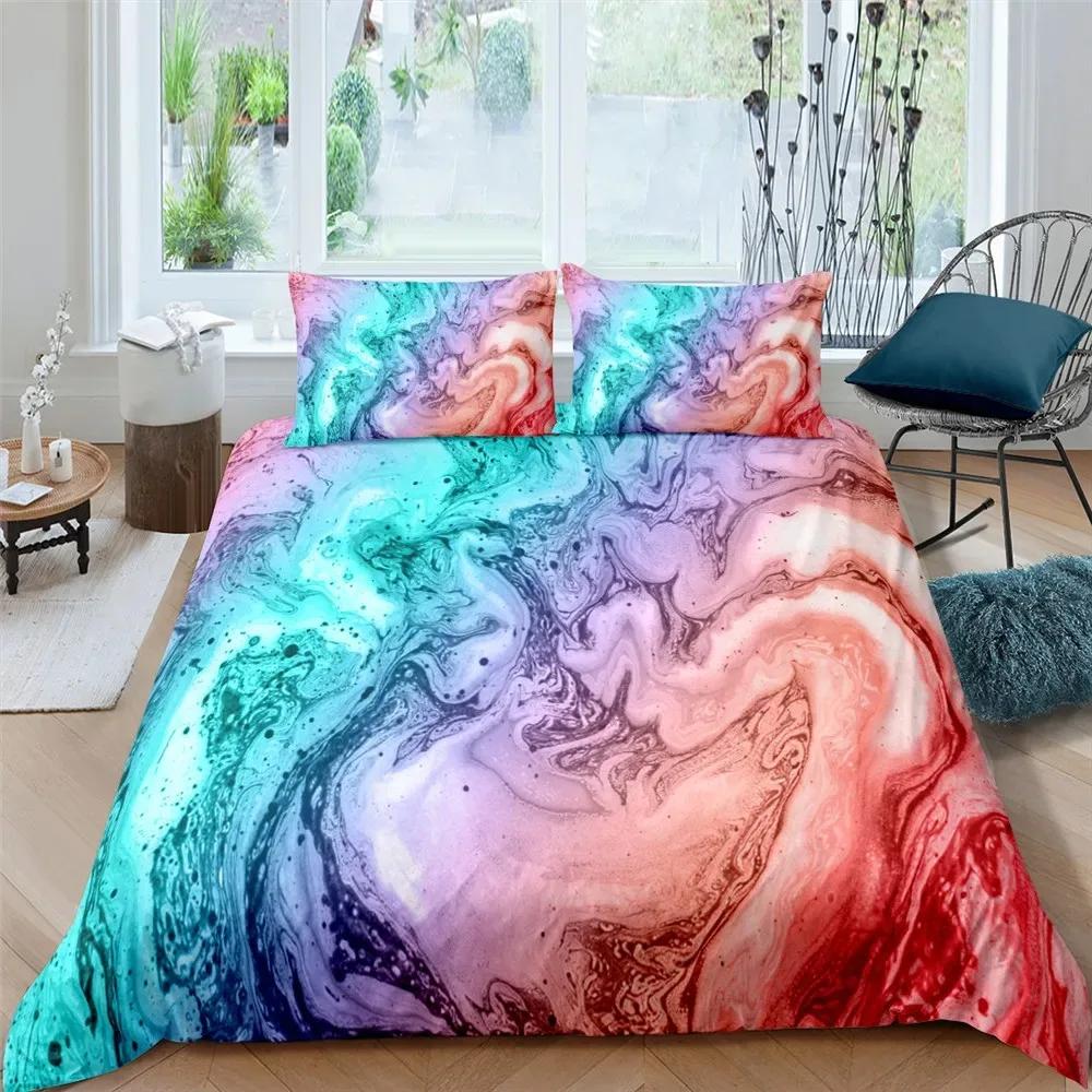 Colorful Marble Tie Dye Watercolor Pastel Abstract Girly Comfortable Duvet Quilt Cover Pillowcase Bedding Set Children Bedroom