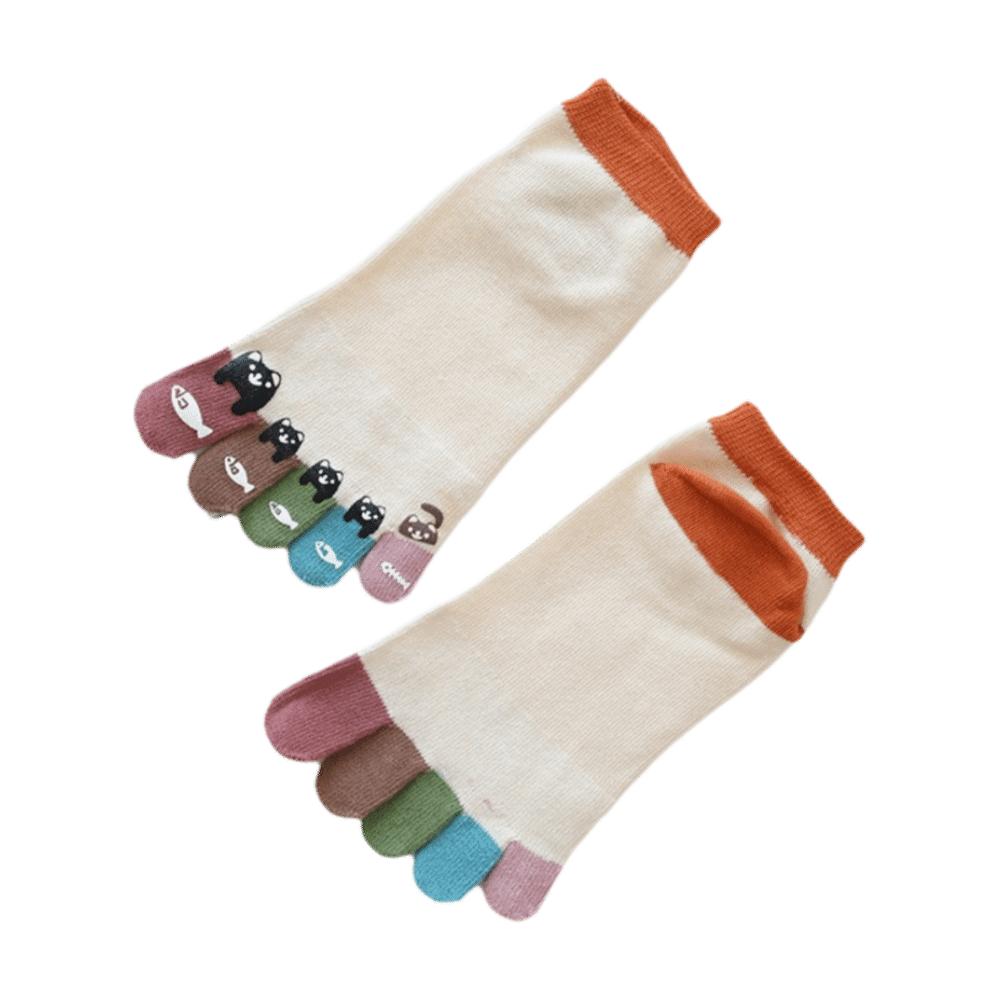 Breathable Tabi Toe Socks Funny Cat Pattern Seperated Toe Socks Athletic Ankle Socks  Casual Use