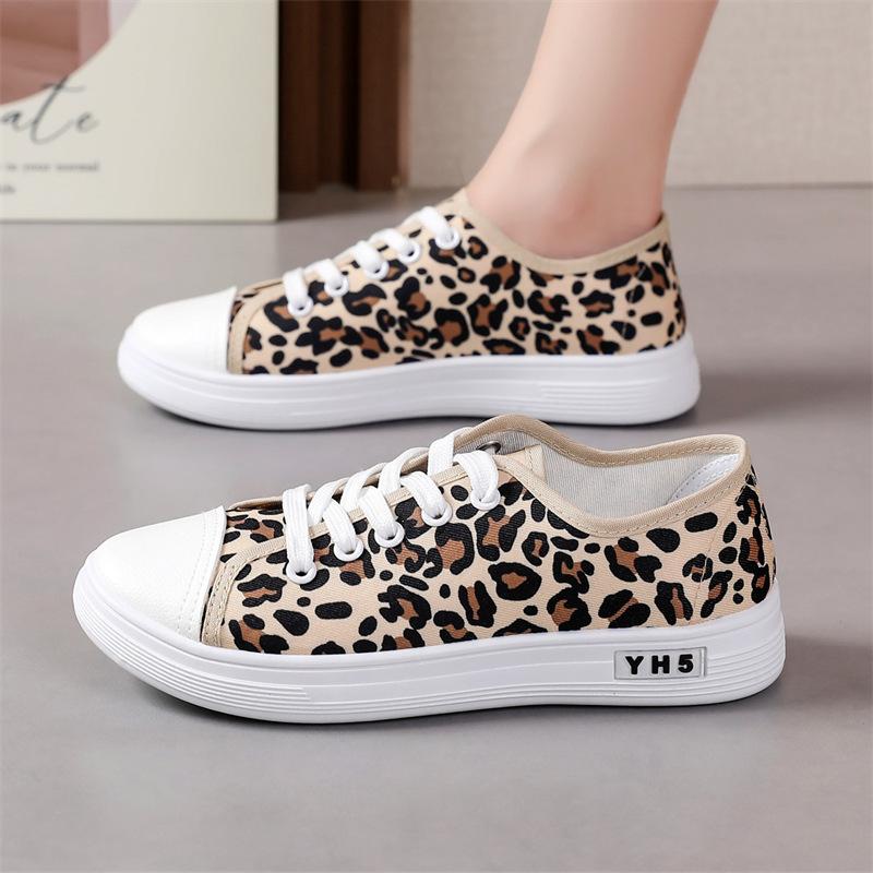 Large size leopard print canvas shoes spring new thin casual flat-soled cloth shoes lace-up student single shoes