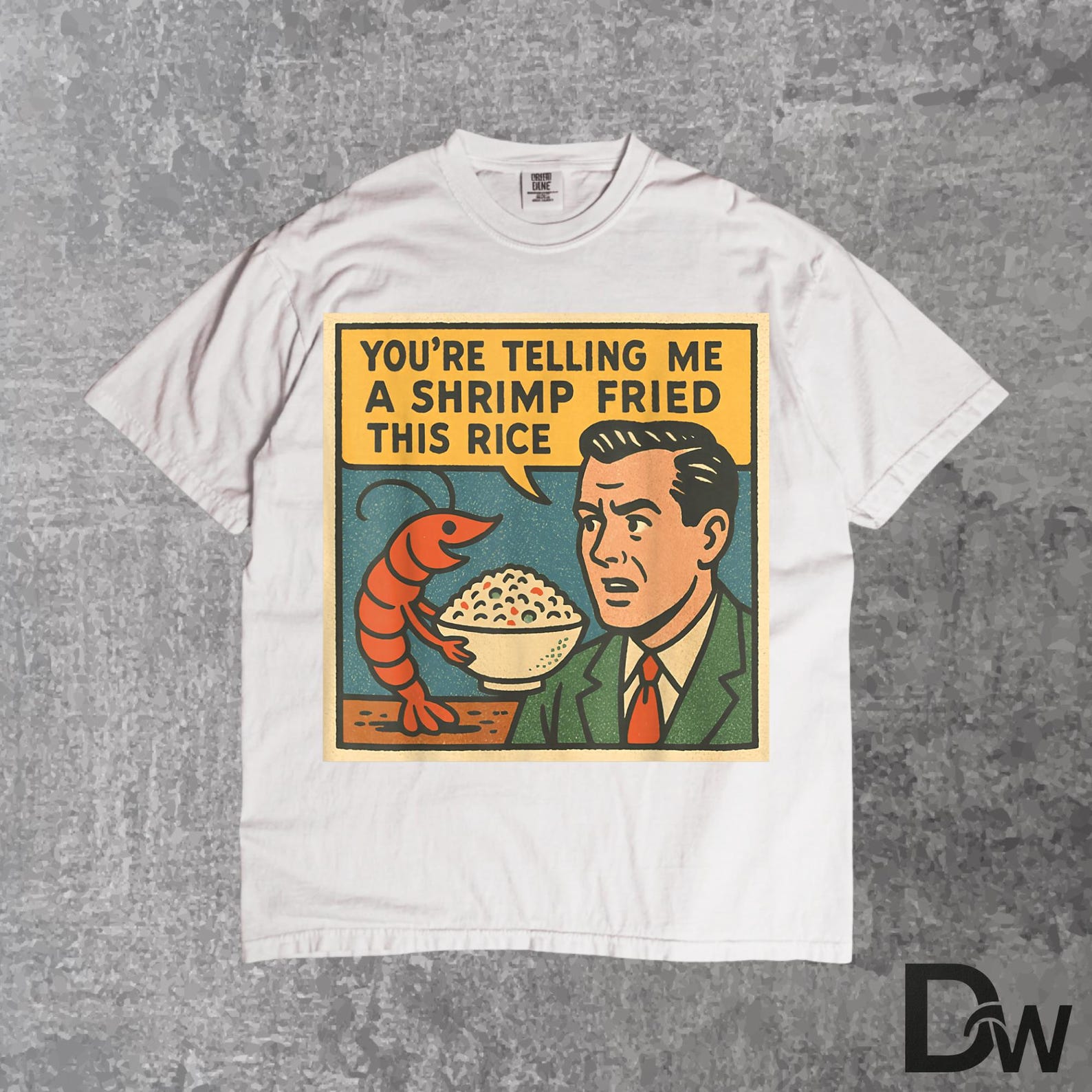 Shrimp Fried Rice Meme T-Shirt | Funny Retro Comic Graphic Tee, Soft Cotton Food Humor Gift 2XL