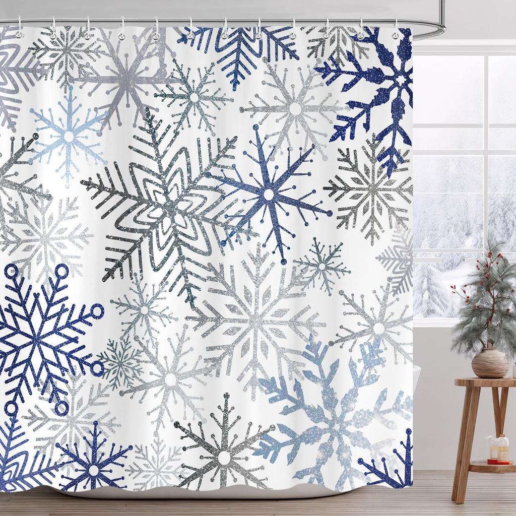 Christmas Snowflake Shower Curtain, Blue Xmas Winter Snow Bathroom Decor, Silver Grey Snowflake Christmas Holiday Simple Shower