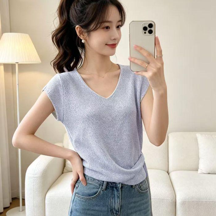 

Small-scale Design, Elasticated Strap, Knitted T-shirt for Women, Summer Slim-fitting and Figure-enhancing Outerwear, As A Loose-fitting Top. One size фіолетовий