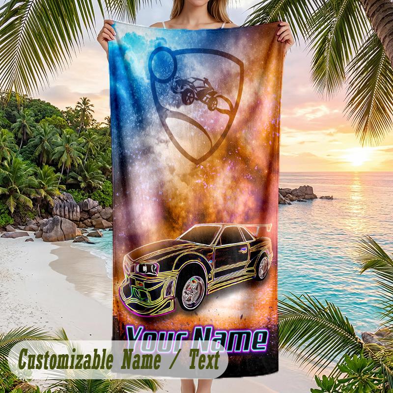 Rocket League Beach Towel, Personalized Custom Text, Quick Dry Soft Large Towel For Swimming Pool Travel