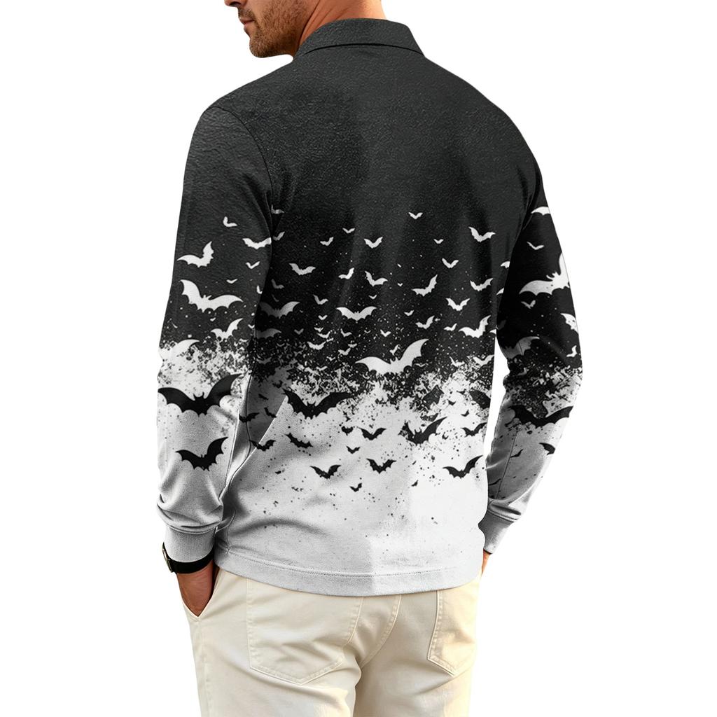 Men's Quick Dry Mesh Long Sleeve Golf Shirt with Halloween Print for Casual Wear