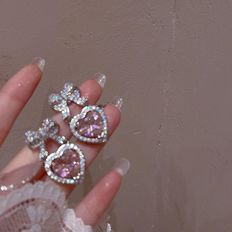 Exquisite Pink Heart Shape Bowknot Stud Earrings For Women Shining CZ Zircon Love Earring Girl Wedding Party Temperament JewelryGood product