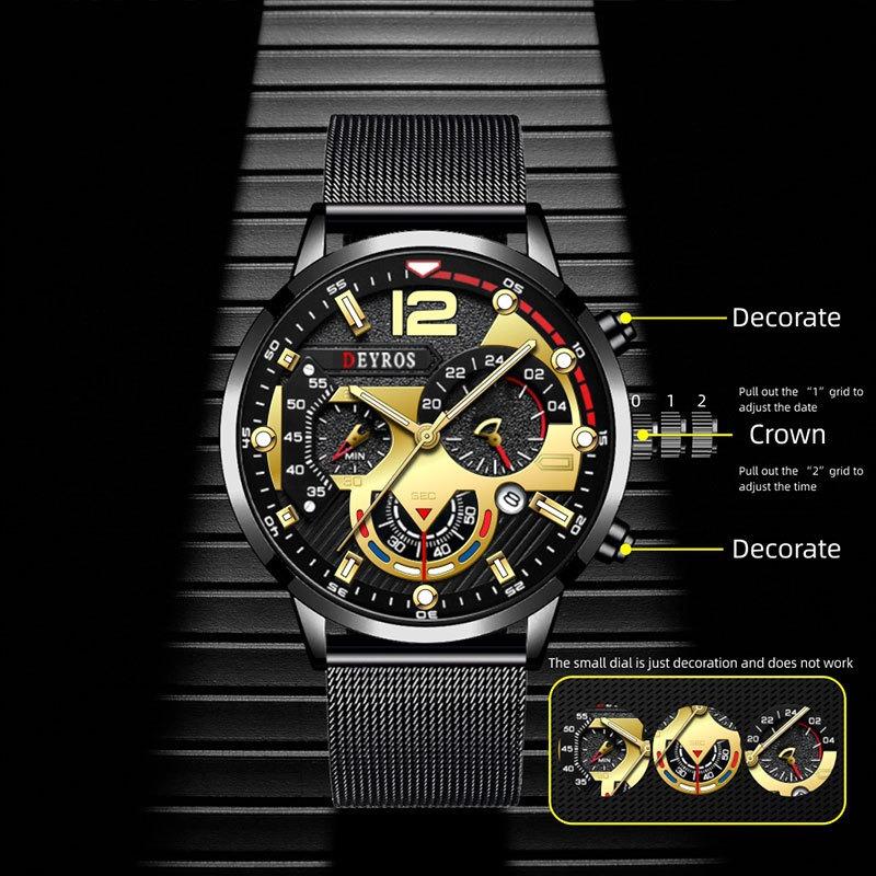 DEYROS Trend Personality Men's Calendar Watch Fashion Business Mesh Belt Luminous Quartz Watch Men's Watch
