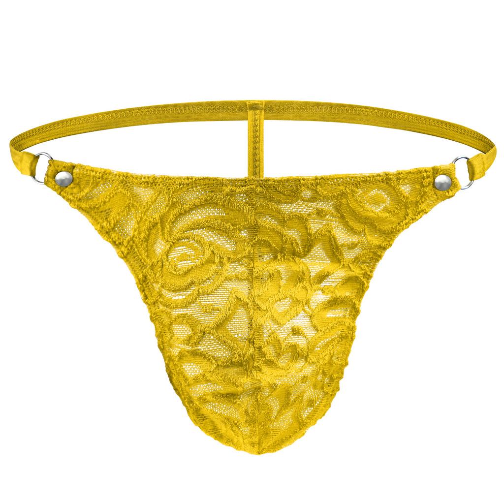 Men Lace Floral G-String Thong See Through T-Back Panties Breathable Mesh Sissy Lingerie With Metal Circular Waistband Underpant