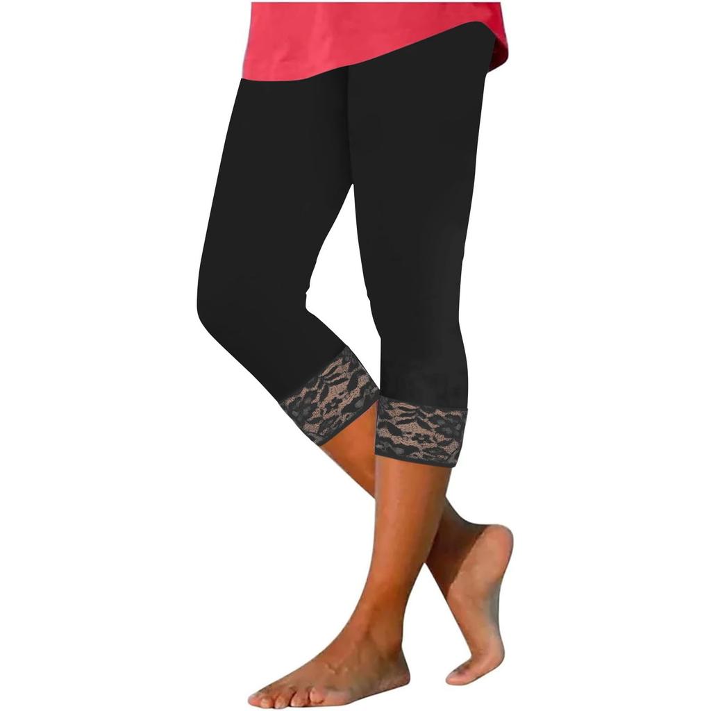 Women's High Waist Pants Lace Stitching Summer -Color Slim Fit Leggings Cropped Pants