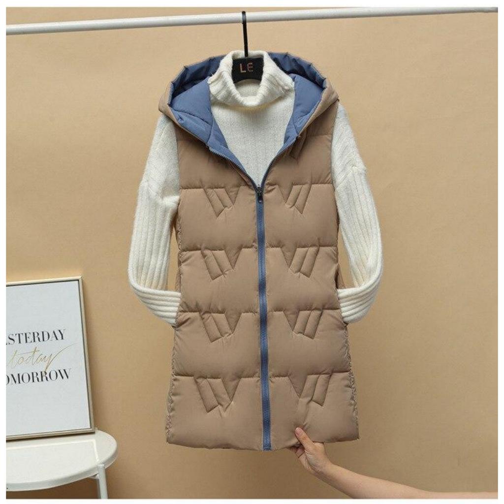 Autumn and Winter Women's Solid Color Loose Vest Hooded Long Reversible Vest Jacket Cotton Padded Women's Windproof Warm Vest