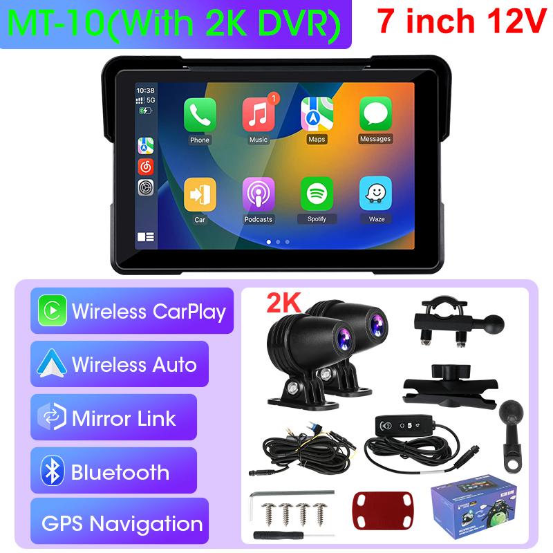7'' Motorcycle 2K HD DVR Portable GPS Navigation Wireless Carplay Android Auto IPX7 Waterproof Screen Bluetooth Dual Lens Moto