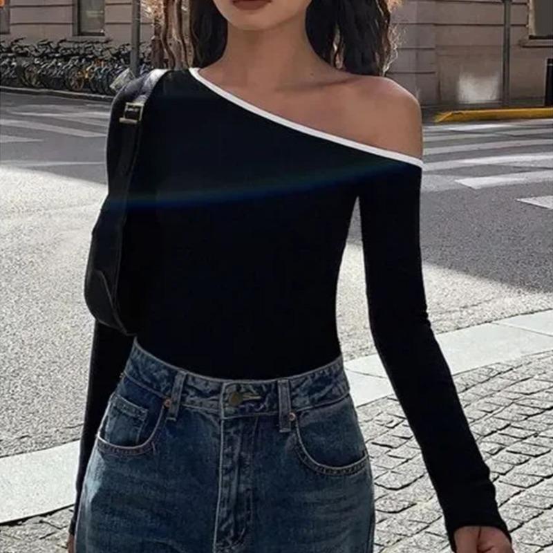 Spring New Skew Collar Long Sleeve Sexy T-shirt Women Fashion Slim Fit Off Shoulder Tops Casual Woman Tshirts Elegant Solid Street Y2K Tee Shirt 26473
