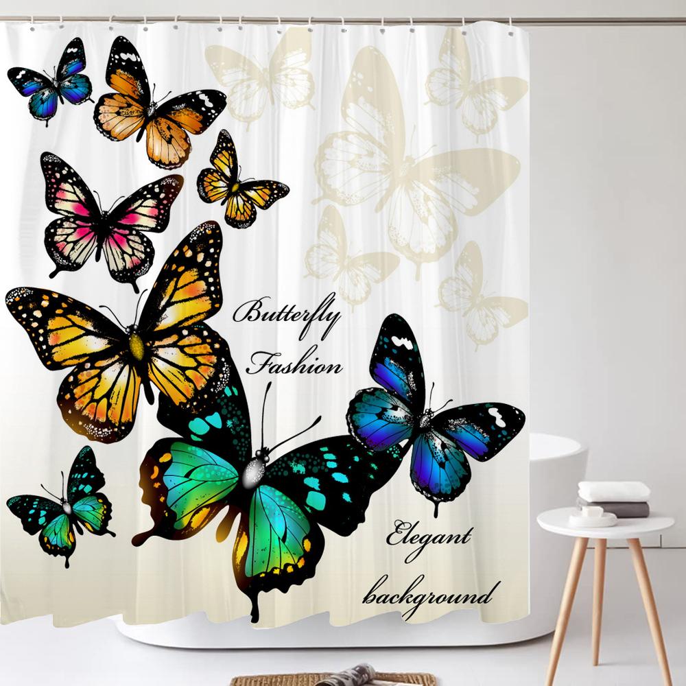 Colorful Beautiful Fresh Flowers Shower Curtain Bathroom Waterproof Polyester Butterfly 3D Print Curtains for Bathroom Shower