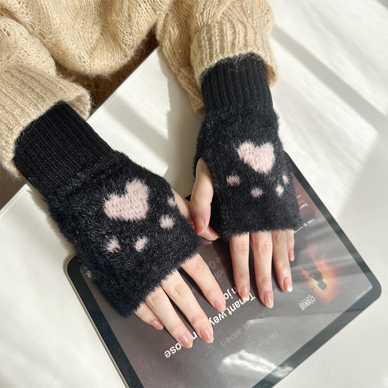 Korean Version of Cute Cat Paw Print Half Finger Plush Gloves Autumn and Winter Student Writing Warm Thickened Wrist Protecting Fingerless Gloves