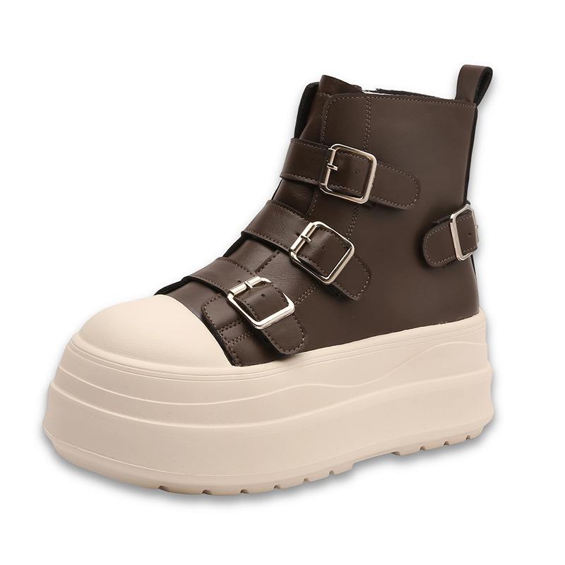 European big-headed thick-soled Martin boots for women's 2025 autumn new soft leather British style belt buckle recreational locomotive short boots