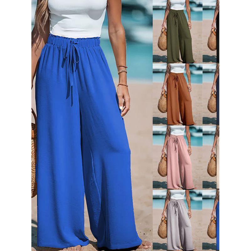Solid Color Elastic Waistband Tied Pants Pure Color Elastic Waist Tie Pants Female