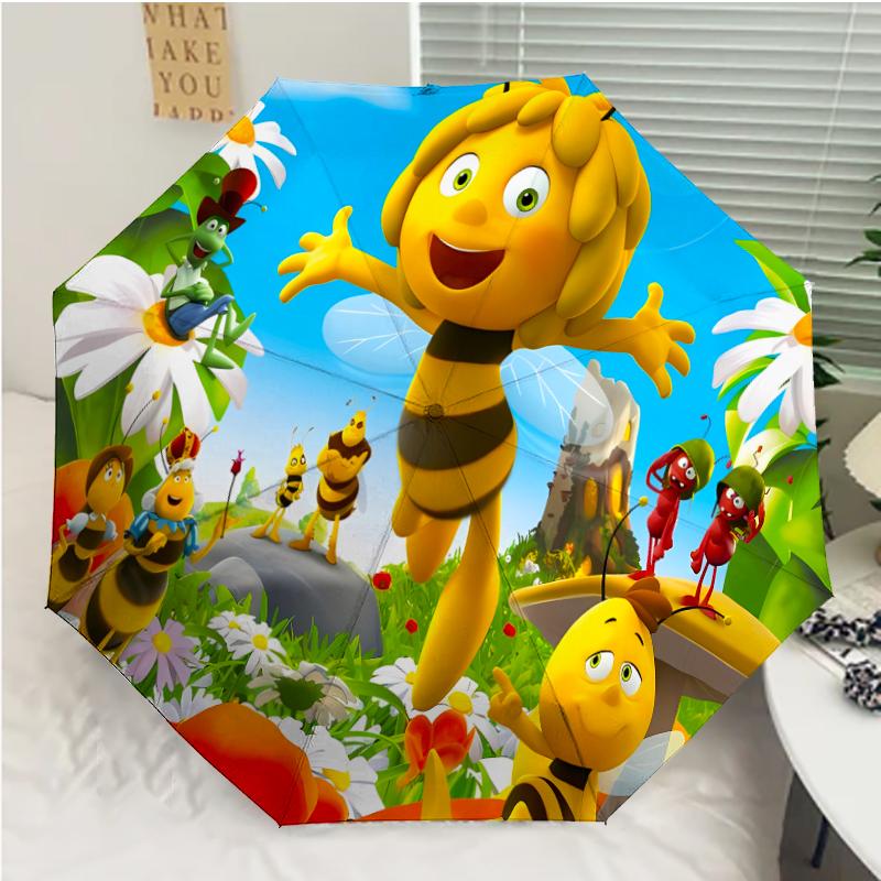 Maya the Bee Print Automatic Umbrella, 8 Rib Iron Frame, Plastic Handle, Suitable for Outdoor Travel &Daily , Ideal Gift
