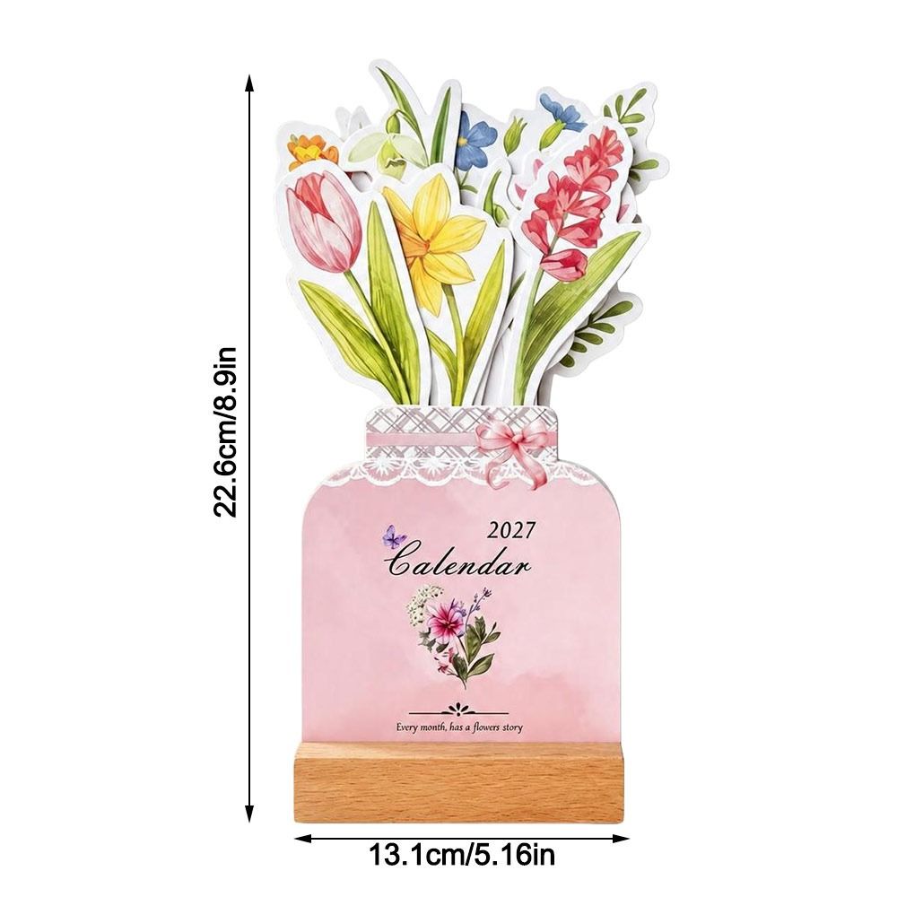 Floral Artwork 2027 Desk Calendar Wooden Base Monthly Desk Calendar Home Office Decorative