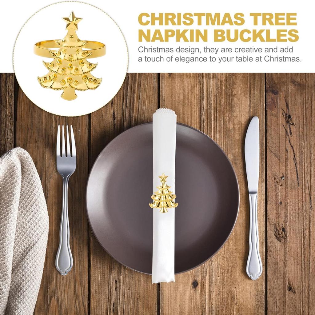 D5 Napkin 6PCS Rings Set for Christmas Winter Wedding, Gold Christmas Tree Metal Home Table Decorations, for Kitchen Banquet
