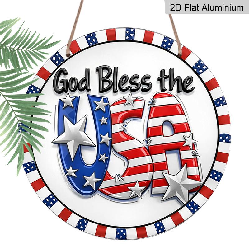 2D Flat, A Round Sign Featuring a Vintage Plaque with The Phrase  God Bless The USA , Perfect for Patriotic Decor in Living Rooms, Bedrooms 7.87x7.87inch