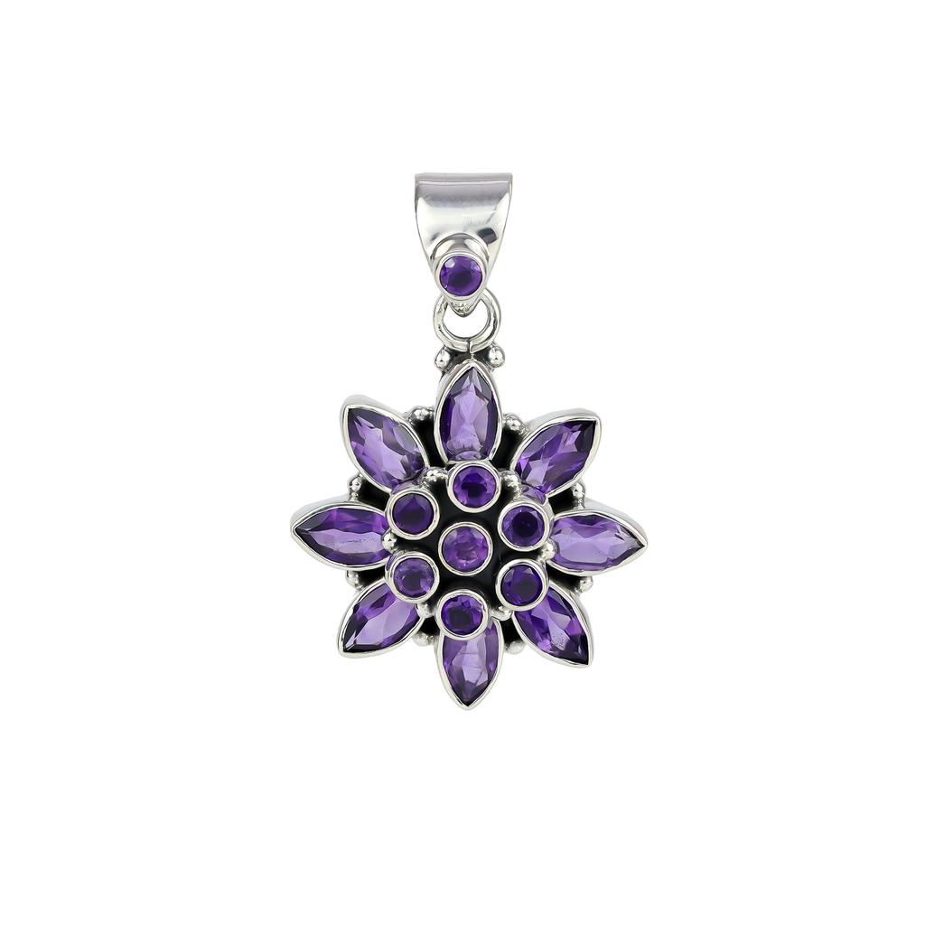 Natural Amethyst Flower Pendant for Women 925 Sterling Silver Pendant