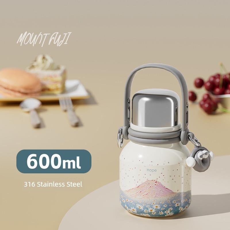 

German Insulated Water Bottle, Large Capacity Thermos Cup, Stylish and High-End Design for Girls, Stainless Steel Tea Brewing Cup for Students Hope Snow Mountain 600ml