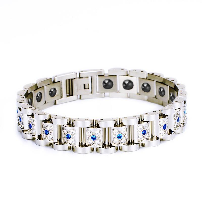 Stainless Steel Magnetic Bracelet With Crystal Floral Design Women Men Fashionable Geometric Style Jewelry