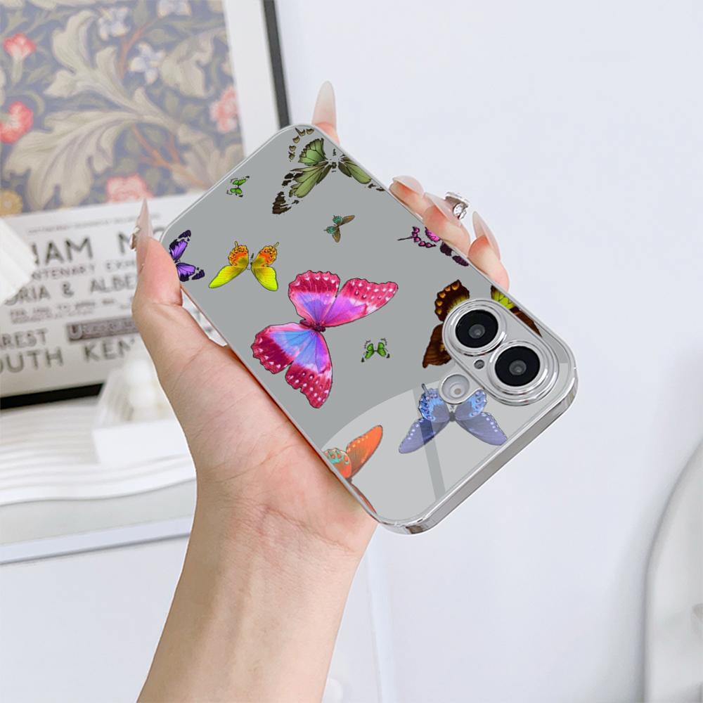 N143 Butterfly Art Phone Case for iPhone 16 15 Pro Max Samsung S24 S23 Ultra A54 A35 A52 Xiaomi Redmi Note 13 12 Pro Plated Frame Tempered Glass Cover