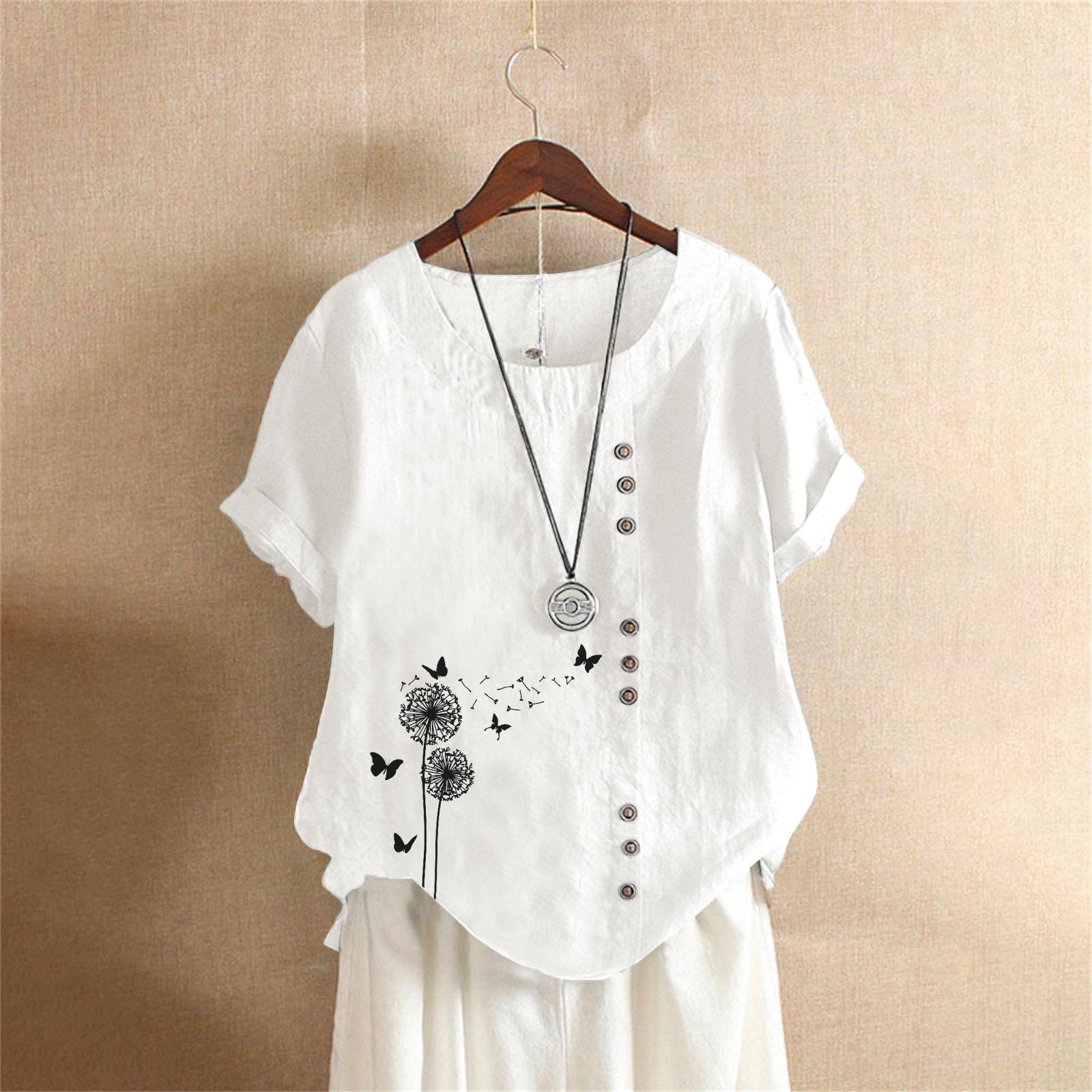 Women S Loose Short Sleeve Cotton Linen Pullover T Shirt S белый