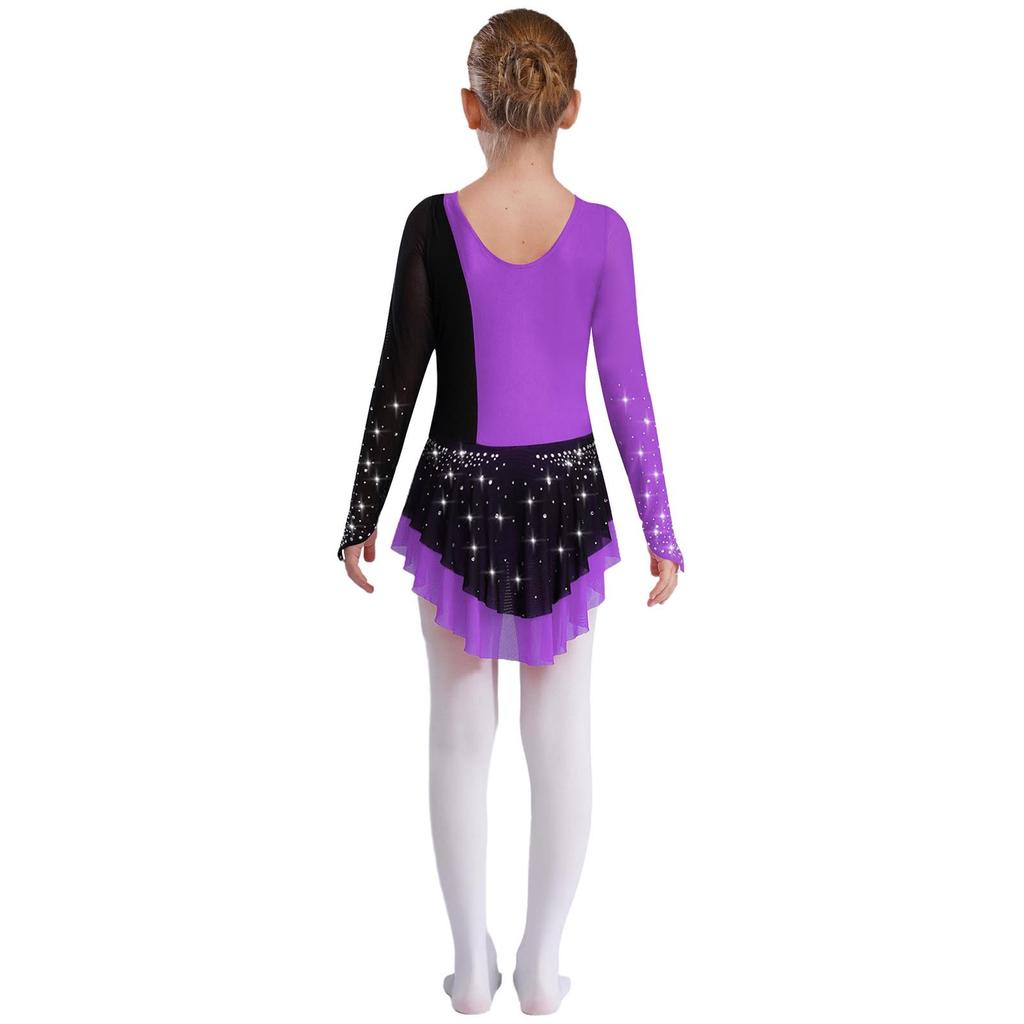 Mädchen Lyrisches Tanzkostüm Applikation Glänzende Strasssteine Rocked Leo Colorblock Mesh Langarm Body