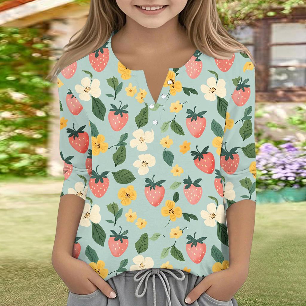 Print Tops For Youth Girls V Neck Button 3/4 Sleeves T-Shirts Trendy Tops Outfit Tees