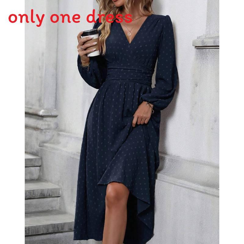 Polyester V Neck Lantern Sleeve Pleated A Line Dress For Autumn Winter Fashion
