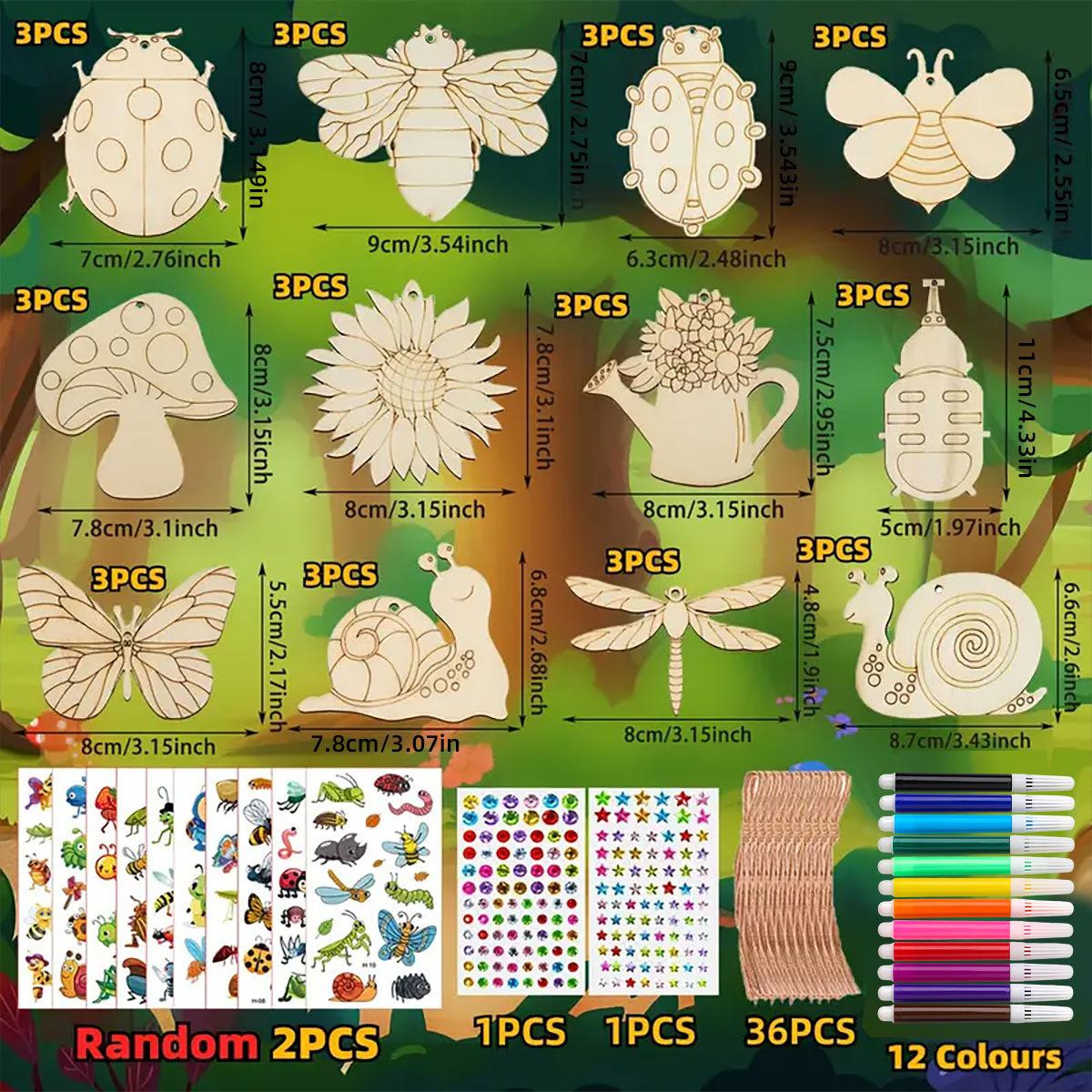 

36Pcs Paint Wooden Crafts Kit for Kids DIY Plant Insect Wood Shapes with Paint Pens Stickers Family Art Activity Garden Hanging