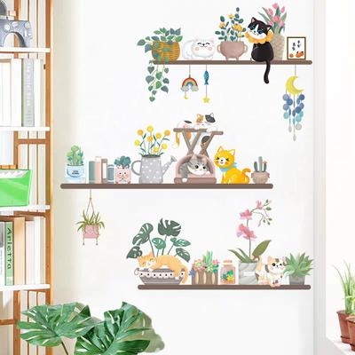 Katze Pflanzenrahmen Wandaufkleber Hintergrundaufkleber dekoratives selbstklebendes Papier grüne Pflanze Wandaufkleber Wandaufkleber