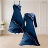 Women Plus Size Two Piece Outfit Spaghetti Strap V Neck Flared Dress Long Sleeve Open Front Blue Gold Printed Cardigan