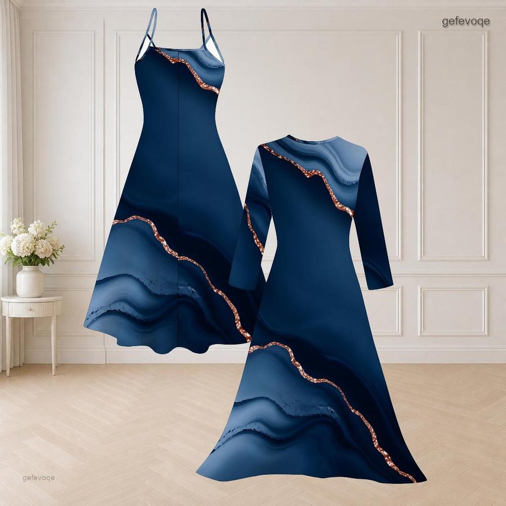 Women Plus Size Two Piece Outfit Spaghetti Strap V Neck Flared Dress Long Sleeve Open Front Blue Gold Printed Cardigan