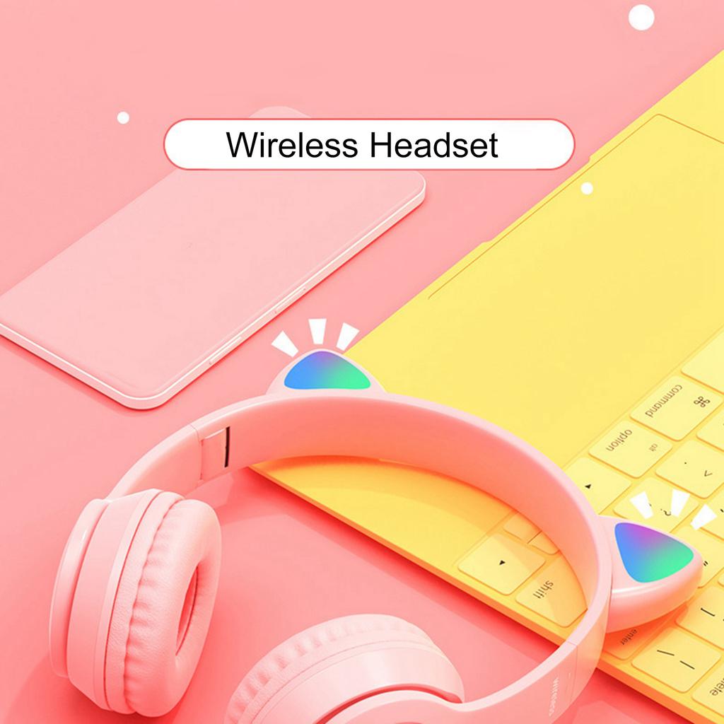 Wireless Headset Cute Cat Shape HiFi Sound Quality Luminous Stereo Bluetooth Headphones for Home School Office