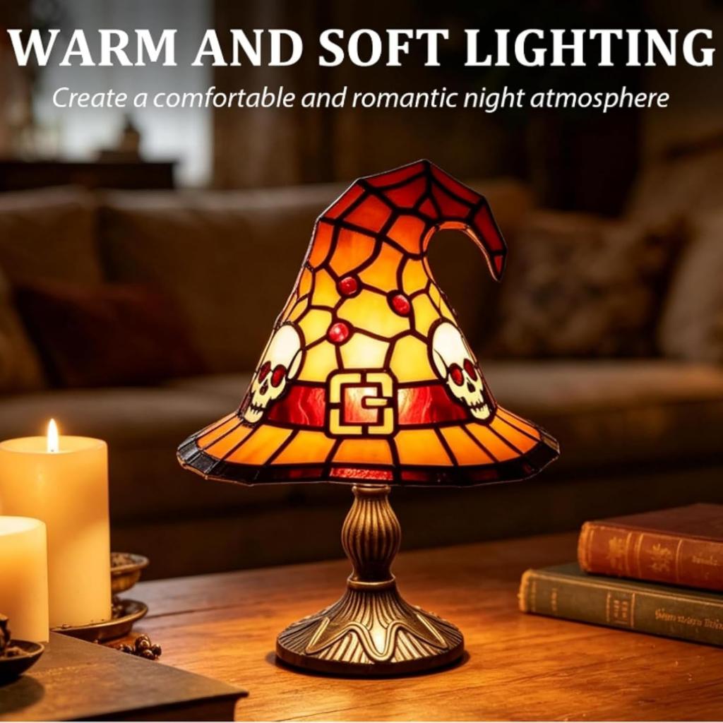 Stained Glass Magic LED Witch Hat Lamp Yellow USB Plug Resin Night Light Small Ornament