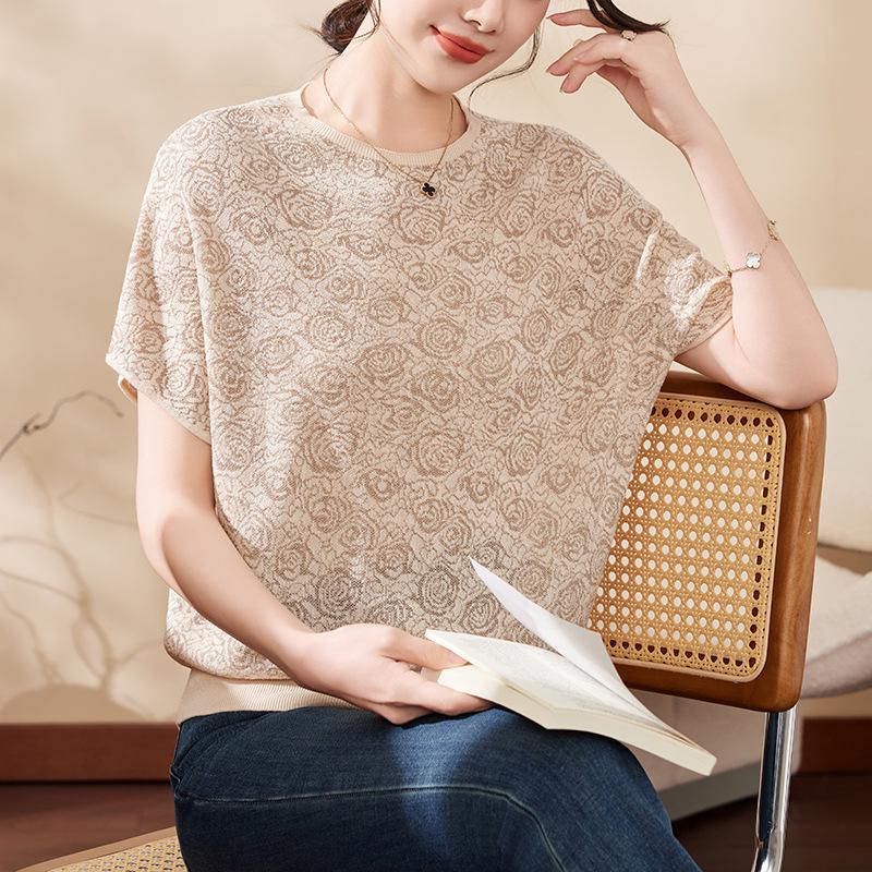 

2026 Mom s Summer Ice Silk Short Sleeve Plus Size Knit Top for Middle-Aged and Elderly Women 4XL (recommended for 135-150 jin) бежевый