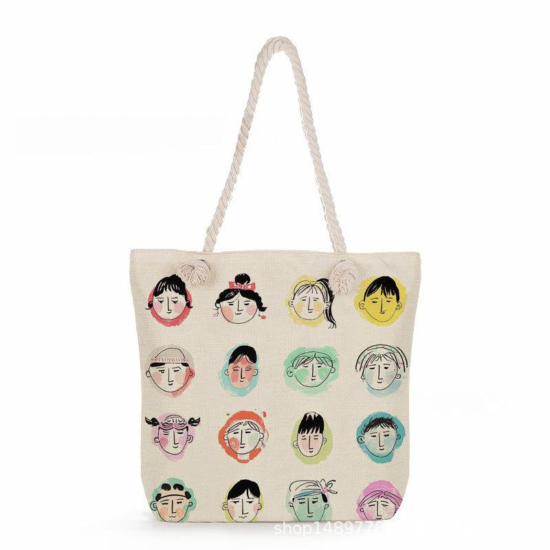 Multifunctional Bohemian Figures Printed Thick Rope Shoulder Beach Bag 7574