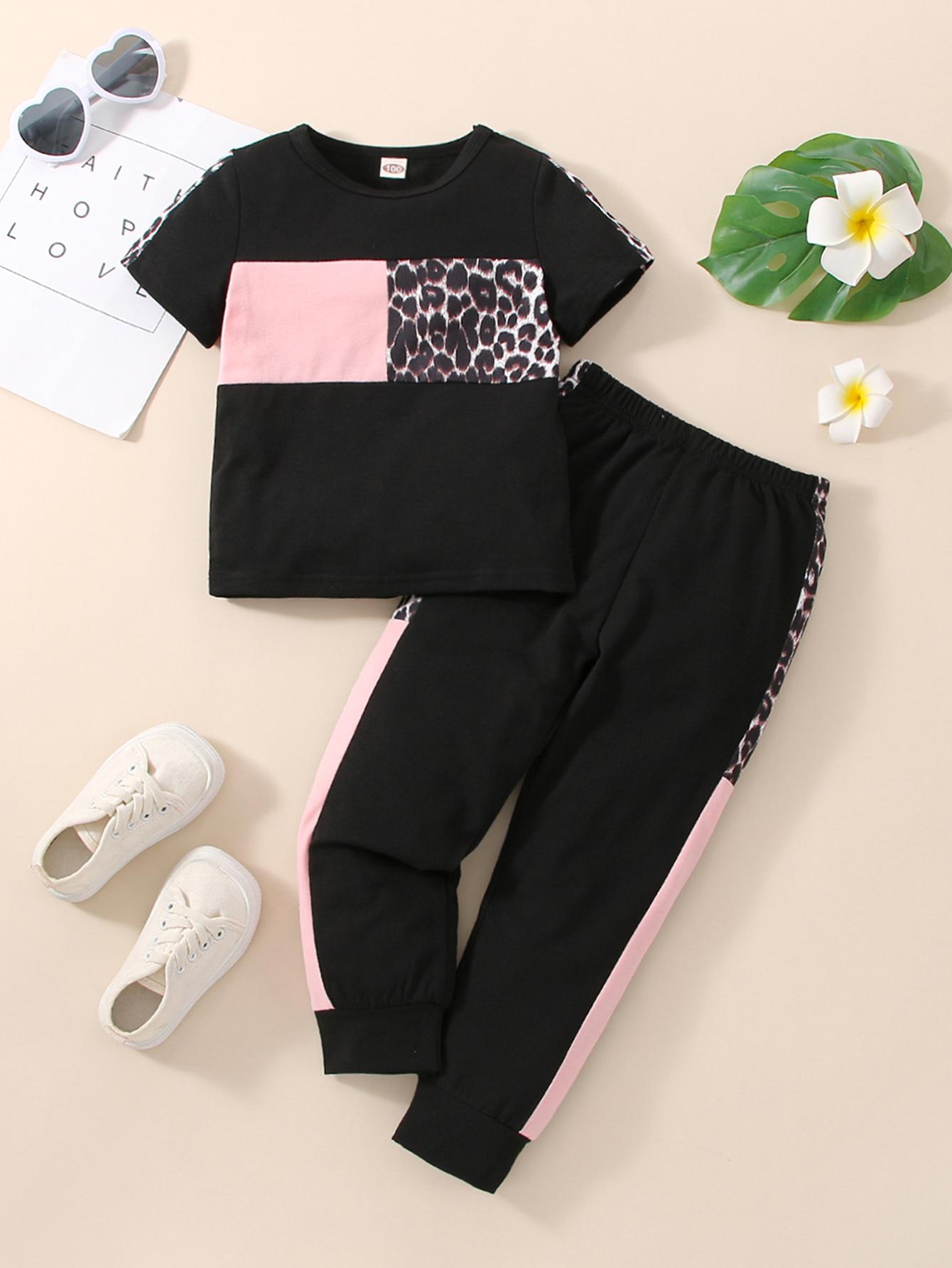 

Girls black with pink and leopard print short-sleeved shirt and pants set, suitable for ages 2-7 90 розовый/чёрный