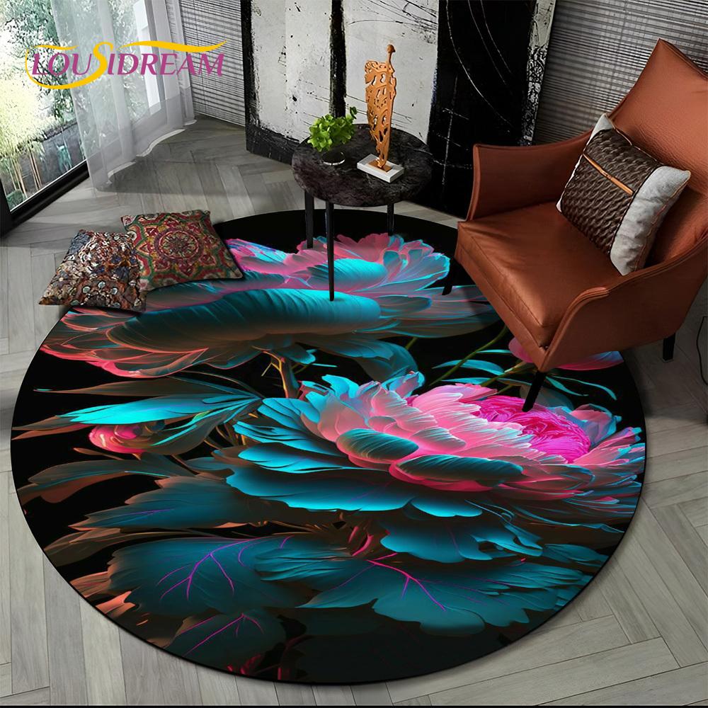 3D Dream Flower Rose Daisy Nordic Round Carpet Rug for Living Room Bedroom Child Playroom Chair Decor,Pet Area Rug Non-slip Mat